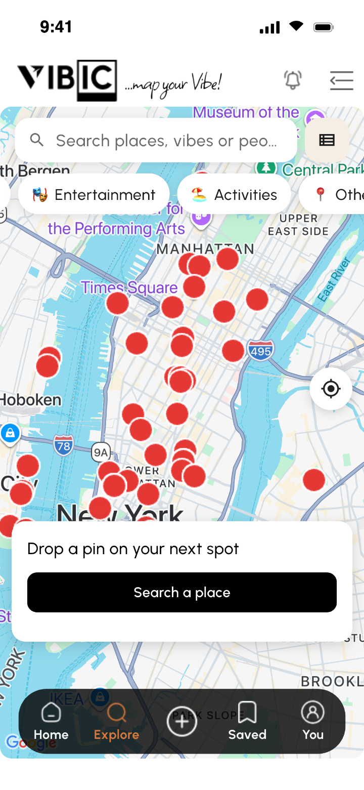 The Vibic Explore map, with shared vibes pinned across New York