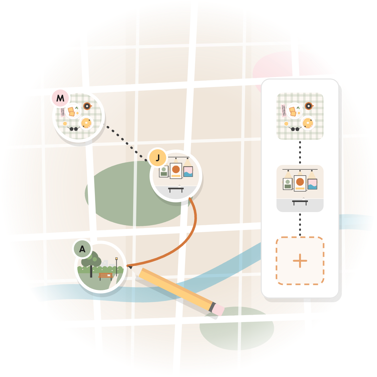 A map joining three places your friends recommended