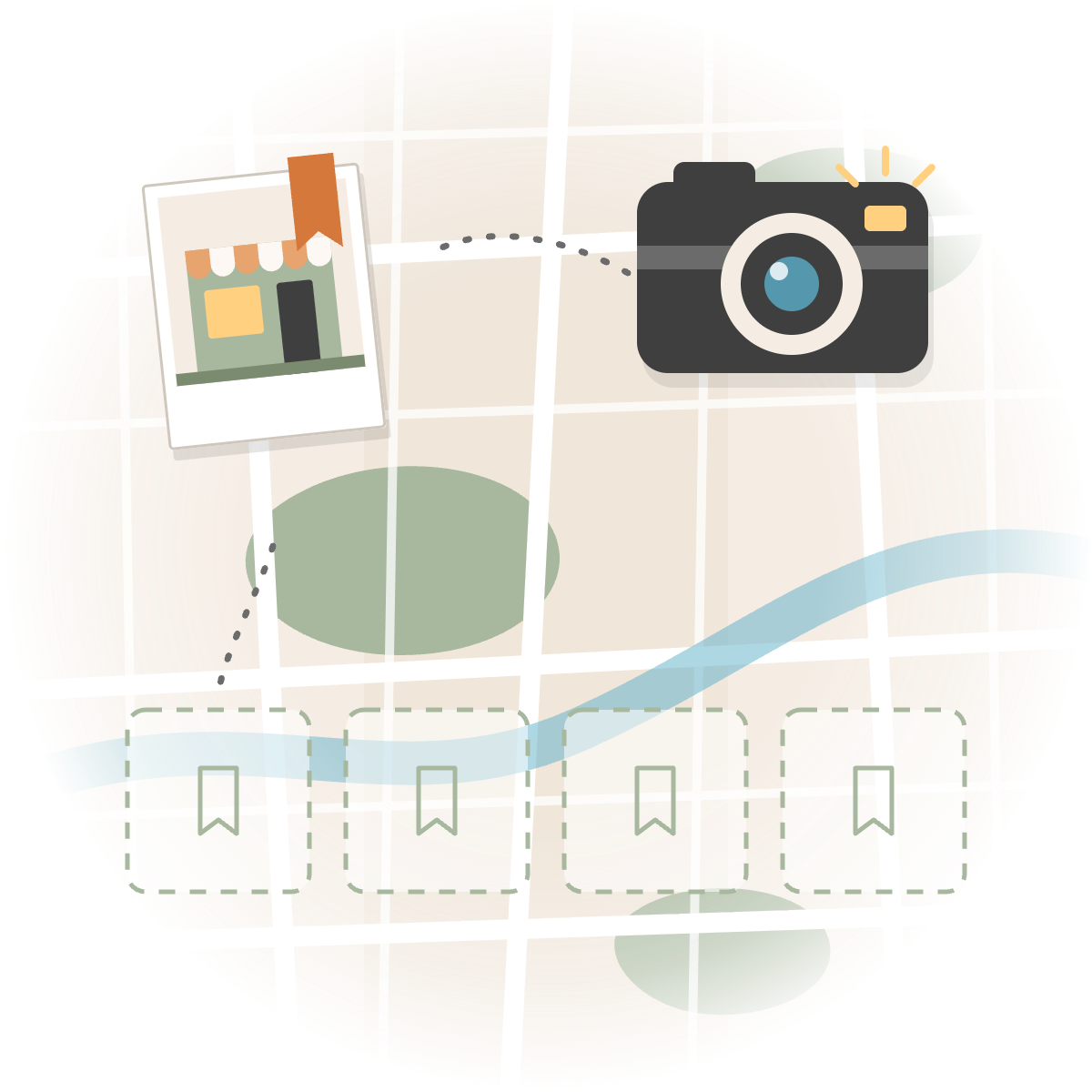 A camera on a map, a saved place, and empty bookmark slots